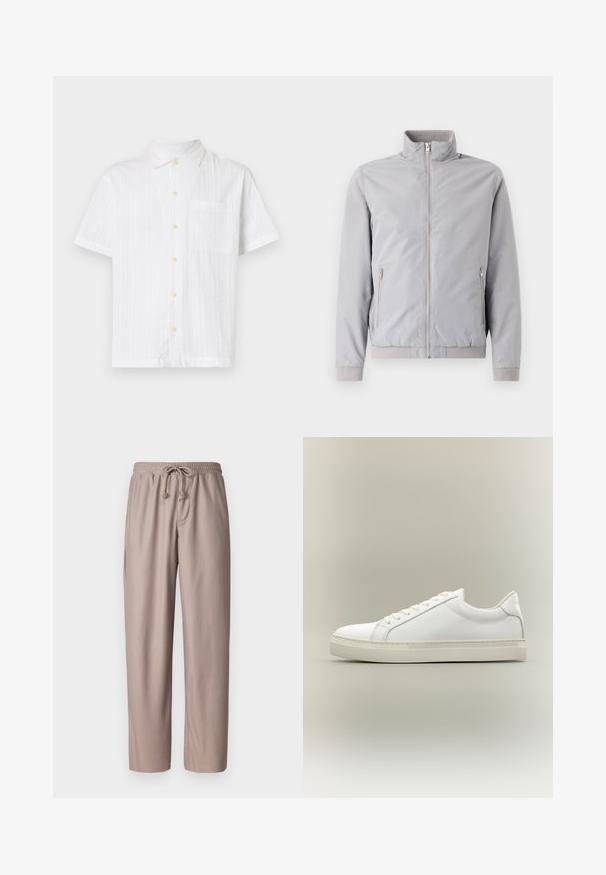 Chaqueta gris claro con cuello alzado, cierre de cremallera y dos bolsillos laterales con cremallera. Cuenta con puños y dobladillo acanalados, textura suave.; Camisa blanca de manga corta con cierre de botones en el frente, con un solo bolsillo, tela texturizada y botones de color amarillo claro.; Pantalones de tiro largo de color marrón claro con textura acanalada, cinturilla elástica y bolsillos laterales. Corte holgado con pierna recta.; Zapatilla blanca de perfil bajo con cordones en la parte delantera y suela gruesa, mostrada de lado sobre un fondo neutro.