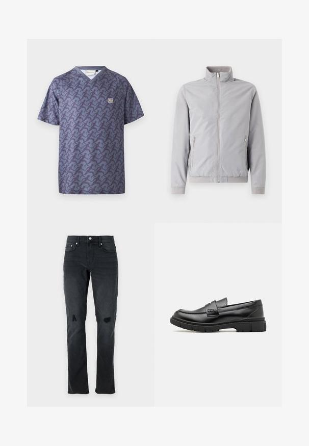 Hellgraue Jacke mit Stehkragen, Reißverschluss und zwei seitlichen Reißverschlusstaschen. Mit Rippbündchen und -saum, glatter Textur.; Cleptomanicx RELAY - T-Shirt print - nightshadow blue; Schwarze Denim-Jeans mit schmaler Passform, dezenten Abnutzungsstellen, zwei Knie-Rissen und klassischem Fünf-Taschen-Design mit Knopfverschluss.; Schwarze Lederloafer mit einem breiten Riemen über dem Rist, Gummisohle mit dicken Profilen und glatter Textur. Klassisches, schlankes Design.