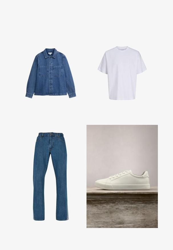Veste en denim, bleu moyen, boutonnée sur le devant, col pointu, deux poches poitrine, manches longues avec poignets boutonnés, détail de surpiqûres contrastées.; T-shirt blanc uni oversize à manches courtes, col rond et coupe ample sur fond blanc.; Jean en denim bleu avec une coupe droite, présentant un design classique à cinq poches, une fermeture à bouton et à glissière à l'avant, et des coutures visibles.; Sneaker en dentelle blanche flottant au-dessus d'un banc en bois avec un feuillage vert en arrière-plan, mettant en valeur le design et la texture de la chaussure.