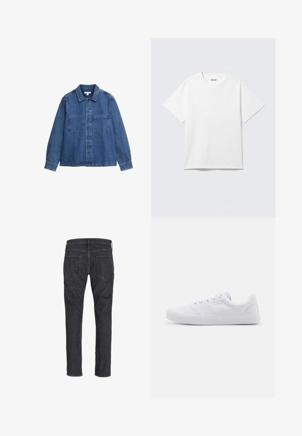 Jeansjacke, mittelblau, mit durchgehender Knopfleiste, spitzem Kragen, zwei Brusttaschen, langen Ärmeln mit geknöpften Manschetten, kontrastierende Steppnähte.; Weißes T-Shirt mit kurzen Ärmeln und Rundhalsausschnitt, flach liegend, schlichtes Design, mit „WEEKDAY“-Etikett innen im Kragen auf hellem Hintergrund.; Dunkelgraue Jeans mit geradem Bein, von hinten gezeigt, mit zwei Gesäßtaschen und Gürtelschlaufen am Bund.; Weiße Leinenschuhe mit Gummisohle, ausgestattet mit sechs Ösen, einer strukturierten Zehenkappe und minimalistischer Gestaltung.