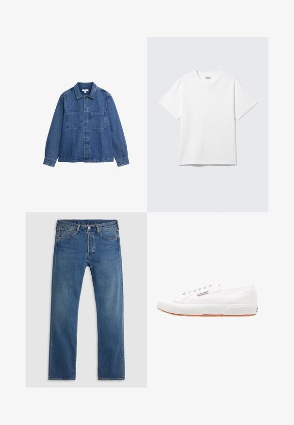 Spijkerjack, middelblauw, knoopsluiting aan de voorkant, puntkraag, twee borstzakken, lange mouwen met knoopmanchetten, detail met contrasterende stiksels.; Witte T-shirt met korte mouwen en ronde hals, plat gelegd, effen ontwerp, met een "WEEKDAY" label in de kraag op een lichte achtergrond.; Blauwe rechte denim jeans met vijf zakken, riemlussen en een sluiting met een knoop en ritssluiting aan de voorkant, op een effen achtergrond.; Witte canvas sneakers met een rubberen zool, vetersluiting en een klein logolabel aan de zijkant. Gewreven wit bovenwerk en een bruine zool.