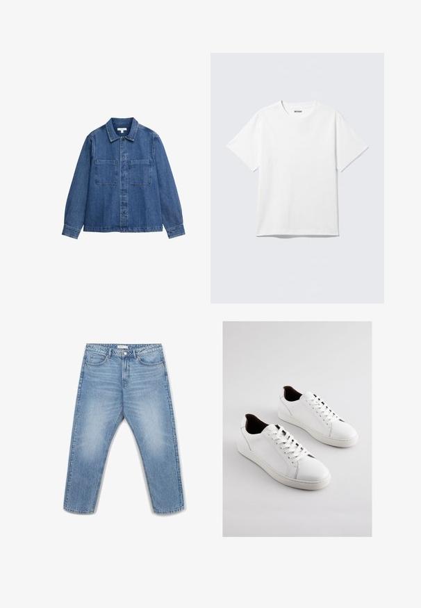 Jeansjacke, mittelblau, mit durchgehender Knopfleiste, spitzem Kragen, zwei Brusttaschen, langen Ärmeln mit geknöpften Manschetten, kontrastierende Steppnähte.; Weißes T-Shirt mit kurzen Ärmeln und Rundhalsausschnitt, flach liegend, schlichtes Design, mit „WEEKDAY“-Etikett innen im Kragen auf hellem Hintergrund.; Hellblaue Jeans aus Denim mit geradem Bein, fünf Taschen, Metallknopfverschluss und dezenten Ausbleichungen auf dem Stoff.; Weiße Ledersneaker mit niedrigem Profil, perforierten Seiten, flachen Schnürsenkeln und einem kontrastierenden braunen Innenfutter. Gummisohle mit strukturierter Musterung.