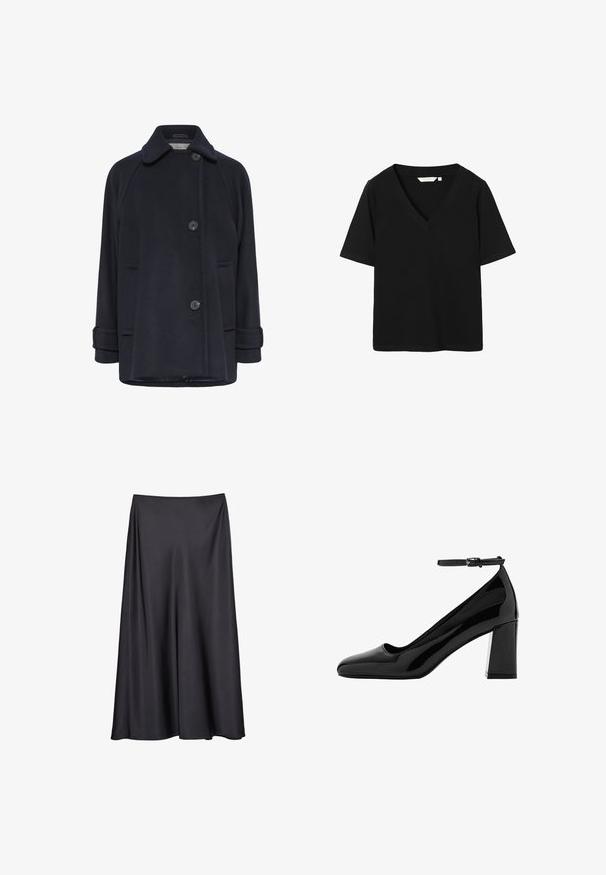Manteau en laine marine avec un col échancré, deux boutons, poches latérales à rabat et manches retroussées. Texture douce et coupe décontractée.; T-shirt noir à manches courtes avec col en V et une petite étiquette blanche à l'intérieur du col, présenté sur un fond blanc.; Jupe noire en A, réalisée en tissu lisse, dotée d'une large ceinture élastique et d'un design fluide qui tombe jusqu'à mi-mollet.; Chaussure à talons hauts en cuir verni noir avec bout carré, bride à la cheville et large talon carré, présentant une finition brillante et une texture lisse.