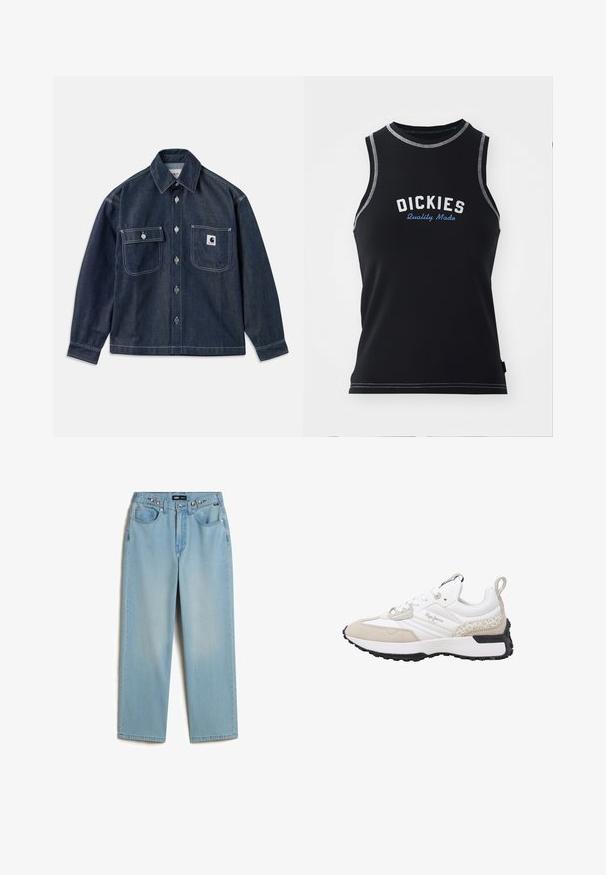 Mørk denimjakke med lange ærmer, to brystlommer, sølvknapper og hvide syninger. Har en logo-patch på den venstre lomme.; Sort ærmeløs tanktop med grå syninger. Har "DICKIES" logo i hvid og blå. Lavet af et glat, strækbart stof.; Vans CINCHED CHECK - Baggy jeans - light stonewash; Hvid og beige sneaker med ruskind og mesh-materialer, teksturerede detaljer, en rundet tå og en gummisål. Har logo på siden.