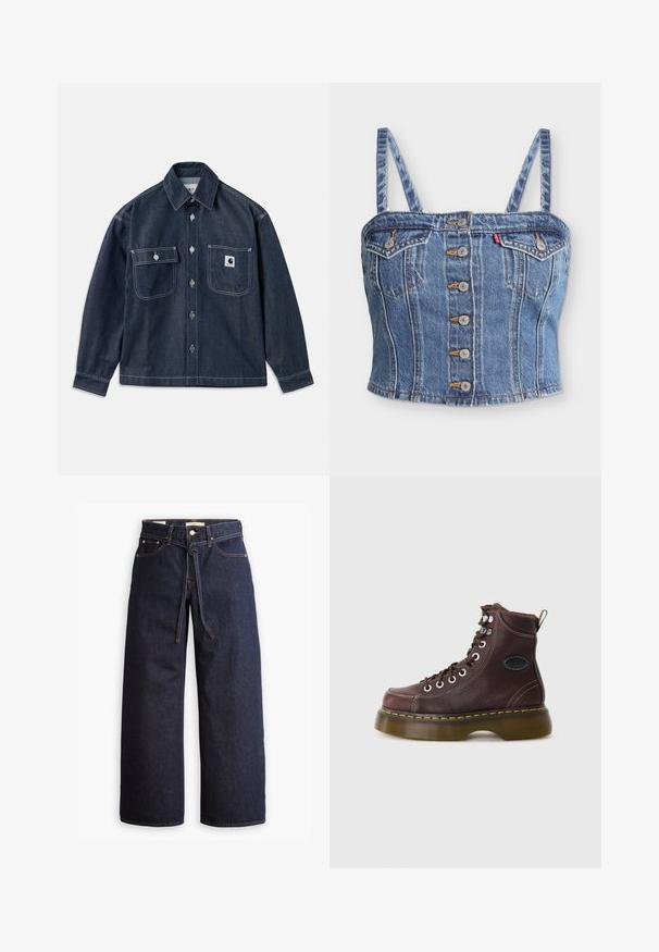 Dunkle Denimjacke mit langen Ärmeln, zwei Brusttaschen, silbernen Knöpfen und weißen Nähten. Zeichnet sich durch ein Logo-Patch auf der linken Tasche aus.; Jeans-bauchfreies Tanktop mit dünnen Trägern, vorderer Knopfleiste, zwei Klappentaschen auf der Brust und kontrastierenden Nähten.; Weite, dunkelblaue Jeans aus Denim mit hoher Taille, ausgestattet mit einem Kordelzug, fünf Taschen und kontrastierenden Nähdetails.; Braune Leder-Ankle-Boots mit strukturierten Oberflächen, silbernen Ösen und gelben Nähten. Verfügt über eine robuste, transparente Sohle und eine Zuglasche.