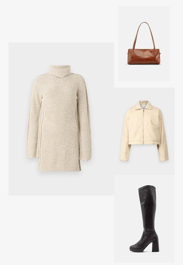 Korte crèmekleurige jas van zacht, textuurmateriaal. Voorzien van een kraag, een ritssluiting aan de voorkant en twee vierkante zakken op de borst.; Beige fluffy tuniek met een hoge hals en lange mouwen. Heeft een gestructureerd oppervlak en zij-splitten voor gemakkelijk bewegen.; Bruine kniehoge laarzen van nep-leer met een blokhak, ronde neus, naadloos ontwerp en een elastisch zijpaneel voor een betere pasvorm en comfort.; Rechthoekige bruine leren handtas met twee lange schouderriemen, een gladde glanzende afwerking en een minimalistisch ontwerp op een effen achtergrond.