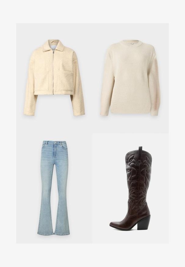 Veste créme coupée en matériau doux et texturé. Elle présente un col, une fermeture éclair devant et deux poches carrées sur la poitrine.; Pull en maille épaisse crème avec un col rond, des manches prolongées et une finition texturée. Présente un léger côte et une coupe décontractée.; Jean évasé bleu clair en denim, avec taille haute, design classique à cinq poches et ourlets nets. Texture lisse, peu de détails.; Botte de cowboy haute en cuir marron foncé avec motifs décoratifs cousus, bout pointu et talon bloc empilé.