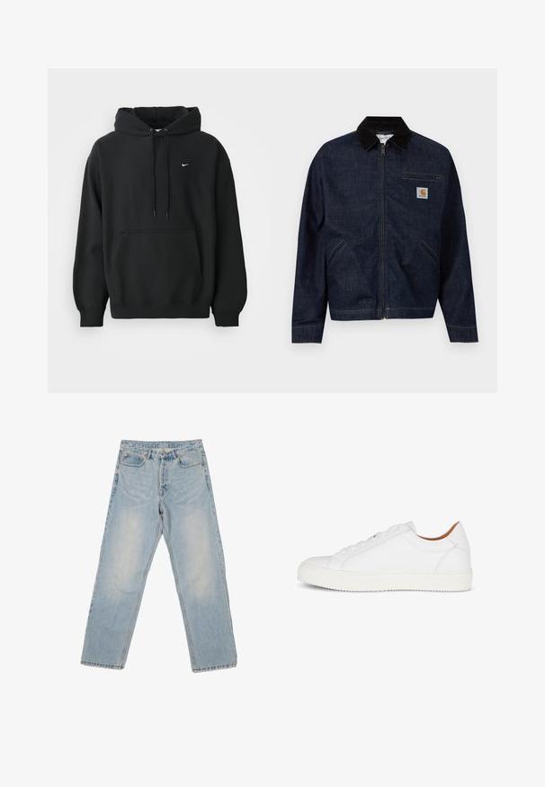 Tummansininen farkkutakki vetoketjulla, mustalla kauluksella, kahdella sivutaskulla, vetoketjullisella rintataskulla ja pienellä Carhartt-logolapulla rinnassa.; Musta Nike huppari, jossa on edessä tasku, naruhuppu, ribbireunat käsivarsissa ja pieni valkoinen Nike-swoosh-logo rinnassa.; Vaaleansiniset farkut rentoa istuvuutta, suoran lahkeiden siluettia, viisi taskua ja koristeompeleet saumoissa.; Valkea nahkasneakers, jossa on sileä pinta, pyöreä kärki, nauhakiinnitys ja teksturoitu kumipohja. Minimalistinen muotoilu ilman näkyviä logoja.