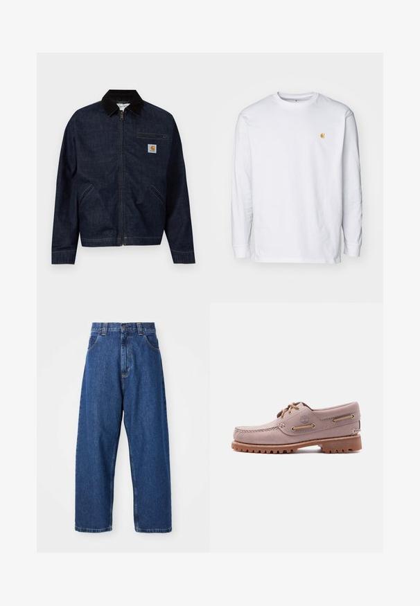 Veste zippée en denim bleu foncé avec col noir, deux poches latérales, une poche poitrine zippée et un petit patch logo Carhartt sur la poitrine.; T-shirt à manches longues blanc en coton. Présente un petit logo doré sur la poitrine et un col rond. Design simple et coupe standard.; Jean large en denim bleu foncé. Présente une taille haute, des passants de ceinture et un design classique à cinq poches. Ourlet piqué avec une finition soignée.; Chaussure bateau en cuir marron clair avec surpiqûres sur le bout mocassin, lacets en cuir, logo Timberland et semelle en caoutchouc résistante, présentée sur fond blanc.