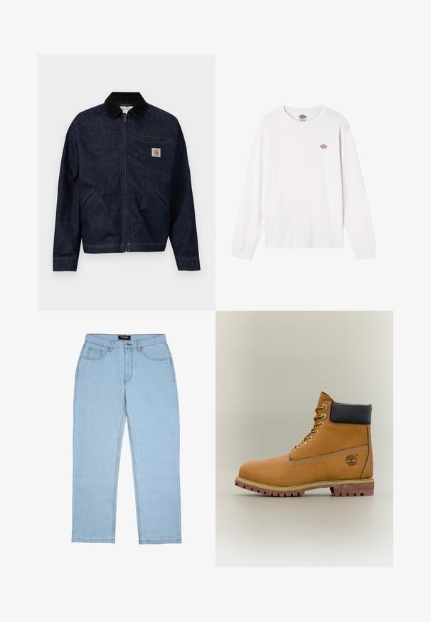 Donkerblauwe denim jas met ritssluiting, zwarte kraag, twee zijzakken, een met rits afgesloten borstzak en een klein Carhartt-logo op de borst.; Witte lange mouwen T-shirt van katoen. Bevat een klein rond meervleugelig logo op de borst. Eenvoudig ontwerp met ribgebreide manchetten.; Lichtblauwe jeans met rechte pijpen, voorzakken, riemlussen, knoopsluiting en zichtbare stikdetails.; Bruine leren enkellaars met zwarte kraag, gele veters en een zandkleurige zool. Voorzien van een logo en witte stikseldetails. Robuuste loopzool met grip.
