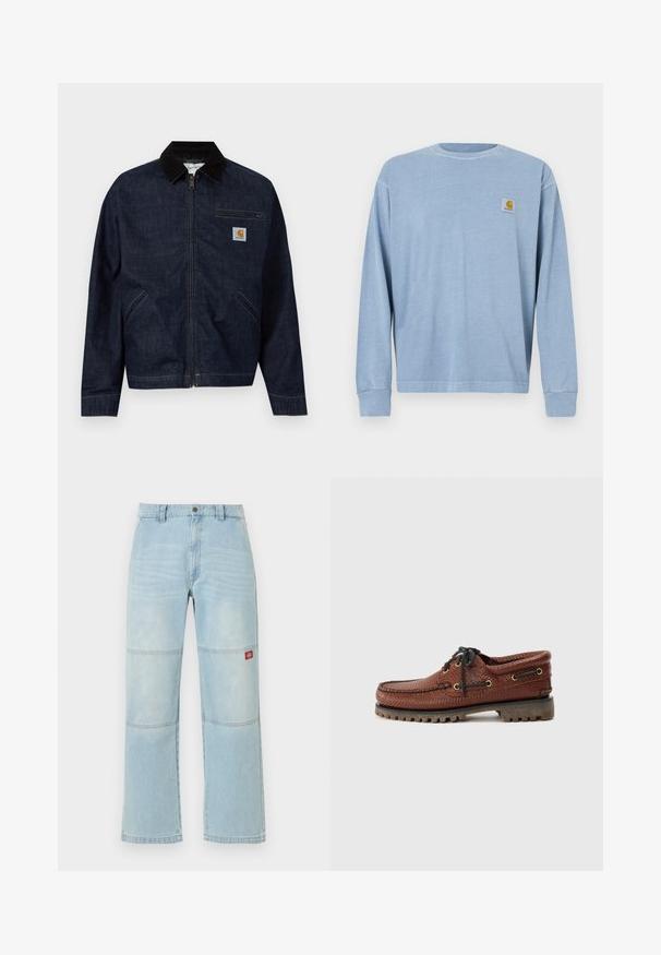 Mørkeblå denimjakke med lynlås, sort krave, to sidelommer, en brystlomme med lynlås og et lille Carhartt-logo på brystet.; Lyseblå langærmet skjorte lavet af blødt stof med rund halsudskæring, ribbet manchetter og en lille logopatch på venstre bryst.; Lyseblå viddebenjeans med knæpaneldetaljer og et lille rødt rektangulært logopatch på det højre lår.; Brune læder bådsko med struktureret overdel, sorte snørebånd og gyldne øjer. Har en holdbar, rillede gummisål.