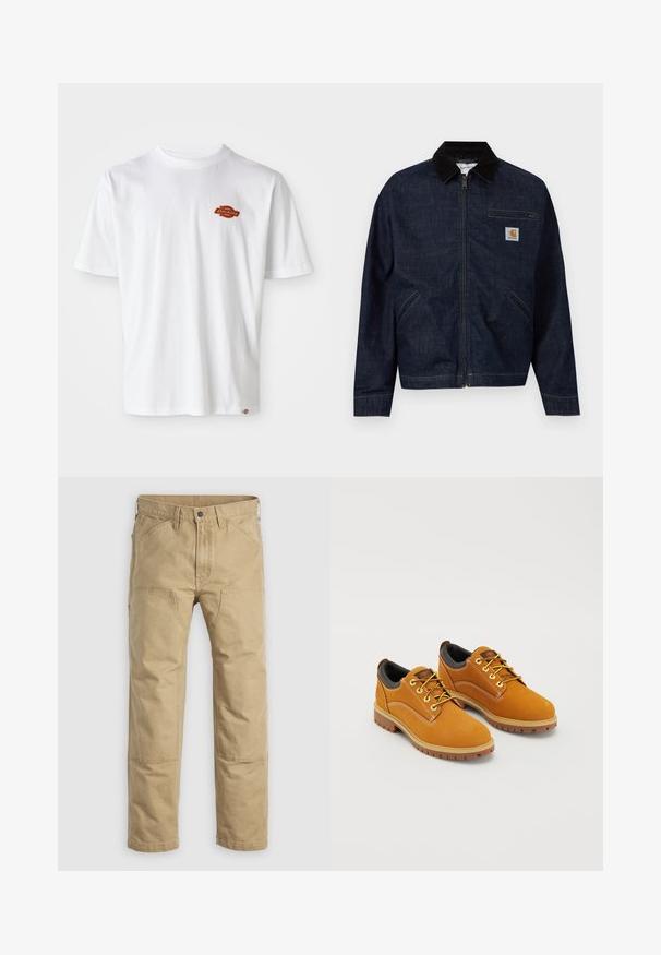 Tmavomodrá rifľová bunda na zips s čiernym golierom, dvoma bočnými vreckami, vreckom na zips na hrudi a malou nášivkou s logom Carhartt na hrudi.; Biela bavlnená tričko s krátkymi rukávmi, s malým oranžovým a čiernym logom "Dickies" na ľavej strane hrude.; Kaki pracovné nohavice z pevnej bavlny, s priamym strihom nohavíc, zosilnenými kolennými panelmi a viacerými prednými vreckami.; Hnedé semišové topánky s okrúhlou špičkou, žltými šnúrkami, polstrovaným čiernym golierom a gumovou podrážkou s trakčnými drážkami.