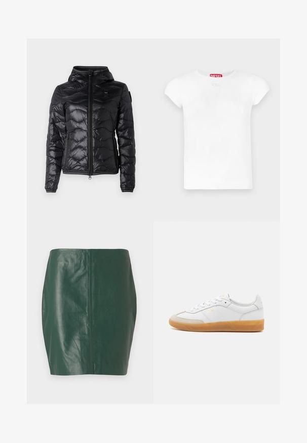 Blauer CAMELIA - Chaqueta de plumas - nero; Camiseta blanca de algodón con cuello redondo, mangas cortas y un pequeño detalle de logo en el frente. La etiqueta dice "DIESEL" en rojo.; Minifalda de cuero verde con una textura suave y forma ajustada. Presenta un diseño sin costuras y sin cierres o herrajes visibles.; Zapatilla de cuero blanca con acentos de ante beige, suela de goma y diseño de cordones. Presenta un sutil logo en dorado.