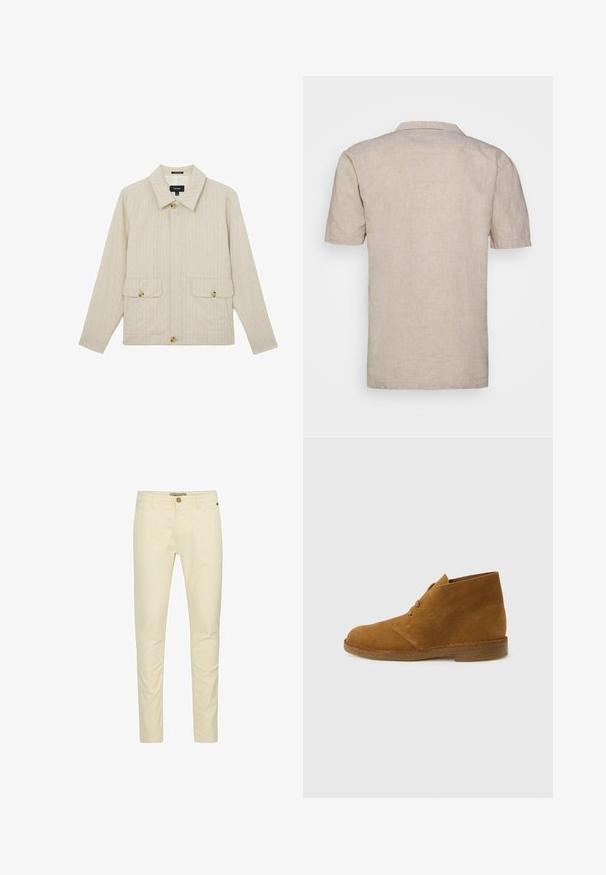 Chaqueta beige a rayas finas con un cuello ancho, tres botones grandes y dos bolsillos con solapa y botones en la parte delantera.; Camisa de lino beige de manga corta con cuello, que presenta un tejido texturizado y dobladillo recto, sin patrones ni acentos visibles.; Chinos de algodón beige con un corte slim, que cuentan con un cierre de botón y un detalle de costura sutil en los bolsillos. Textura suave con un acabado pulido.; Bota desértica marrón de ante hasta el tobillo con dos ojales y suela de crepé sobre fondo liso gris claro.
