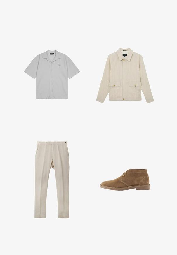 Beige jakkesætjakke med tynde striber, bred krave, tre store knapper og to klaplommer med knapper foran.; Lysegrå kortærmet skjorte med knapper og spredt krave samt lille "P"-logo på venstre bryst.; Beige linnedragt med lige snit, der har to sidelommer og sorte knapdetaljer ved taljen. Glat, let tekstur.; Brun ruskind ankelhøj afslappet sko med to snørehuller og syet sål på hvid baggrund, set fra siden.