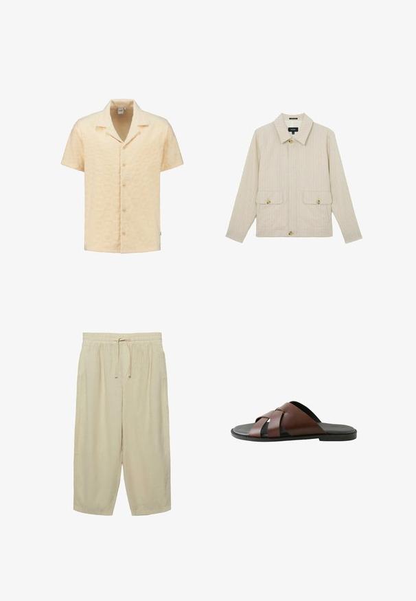 Beige jakkesætjakke med tynde striber, bred krave, tre store knapper og to klaplommer med knapper foran.; Kortærmet skjorte i struktureret lysegul stof med geometrisk mønster, klippet krave og fem forknapper.; Beige løstsiddende cropped bukser med elastisk talje og snøre foran, lavet af letvægtsstof.; Herrebrun lædersandal med krydsede remme og sort sål, vist i profil mod hvid baggrund.