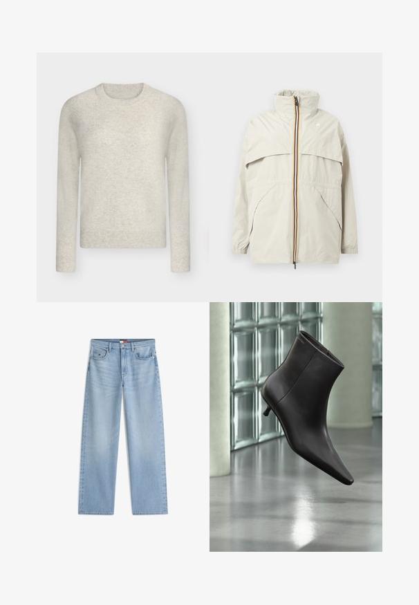 Veste coupe-vent beige clair avec col haut, fermeture éclair rayée noire, jaune et blanche, poches avant inclinées, et poignets élastiques.; Pull beige clair à manches longues et col rond avec poignets, ourlet et encolure côtelés, présenté sur un fond gris neutre.; Jean en denim bleu clair à jambes droites avec poches avant, passants de ceinture et fermeture par bouton et fermeture éclair.; Bottine en cuir noir avec bout pointu et petit talon, présentée devant un mur en blocs de verre et un sol poli.