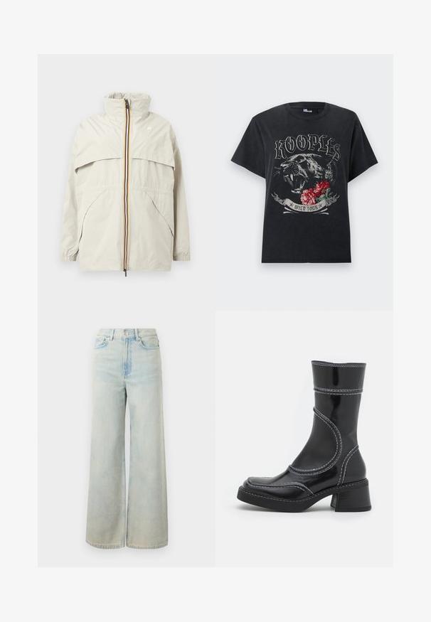 Lys beige vindjakke med høj krave, sort, gul og hvid stribet lynlås, skrå forlommer og elastiske manchetter.; Sort T-shirt med teksten "KOOPLES", illustration af en brølende panter, røde blomster og et banner med teksten "WILD TOUR" foran.; Lyseblå jeans med høj talje og vide ben, med forreste knap- og lynlåslukning, bæltestropper og fem-lommer design.; Sort patenteret læder ankelstøvle med hvid stikning, rund tå og blokhæl. Har buede designlinjer og en glat tekstur.