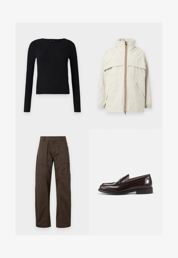 Chaqueta cortavientos beige claro con cuello alto, cremallera a rayas en negro, amarillo y blanco, bolsillos delanteros inclinados y puños elásticos.; Camiseta de manga larga de punto negro con escote redondo. Hecha de una tela suave y elástica, presenta una silueta ajustada y detalles mínimos.; Pantalones cargo marrones hechos de una tela resistente, con múltiples bolsillos, un corte relajado y detalles de costura prominentes para mayor durabilidad.; Mocasín tipo penny para hombre en cuero marrón oscuro pulido con tacón bajo y detalles cosidos sobre fondo blanco.