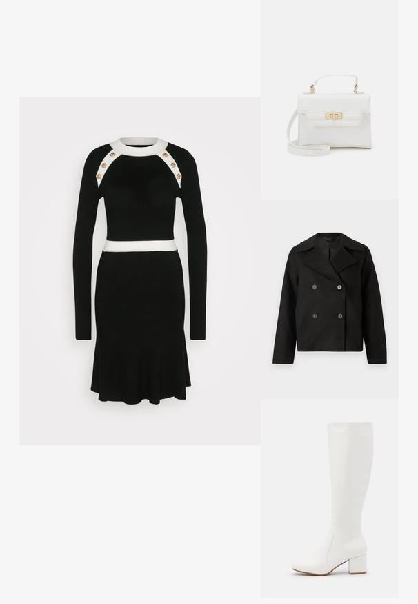 Veste noire à double boutonnage avec un col ajusté, fabriquée dans un tissu texturé. Présente des boutons noirs très marquants et une silhouette courte.; Robe noire en tricot côtelé avec des manches longues, un col blanc et une ceinture, ainsi que des accents de boutons dorés sur les épaules. Bas floncé.; Bottes blanches jusqu'au genou avec une finition lisse et brillante. Talon carré et détails de couture subtils sur le côté.; Call it Spring BULLETPROOFF - Sac à main - white synthetic smooth