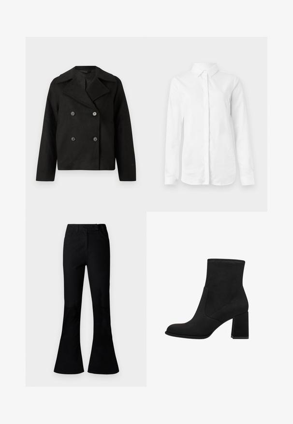 Schwarze zweireihige Jacke mit taillierter Kragen, aus einem strukturierten Stoff gefertigt. Verfügt über auffällige schwarze Knöpfe und eine cropped Silhouette.; Weißes Langarmhemd aus glattem Baumwollstoff. Verfügt über einen klassischen Kragen und eine durchgehende Knopfleiste mit geradem Saum und ohne Muster.; Schwarze hochtaillierte Schlaghosen mit vorderen Taschen, Gürtelschlaufen und einem Reißverschluss vorne, auf einem schlichten Hintergrund präsentiert.; Schwarze Knöchelstiefel mit Blockabsatz, aus weichem Wildleder. Mit einer abgerundeten Zehe und glatten Seitenpaneelen mit detaillierter Naht.