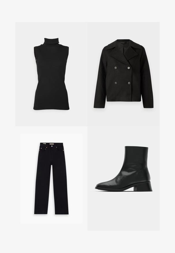 Veste noire à double boutonnage avec un col ajusté, fabriquée dans un tissu texturé. Présente des boutons noirs très marquants et une silhouette courte.; Top noir sans manches en maille côtelée, avec un col haut et une silhouette ajustée. Texture lisse avec un minimum de détails.; Jean en denim noir avec une coupe droite, cinq poches, matériel en cuivre et texture lisse. Deux étiquettes visibles sur la taille.; Bottine noire en cuir brillant, au design épuré, avec un bout pointu et un petit talon bloc pour plus de stabilité.