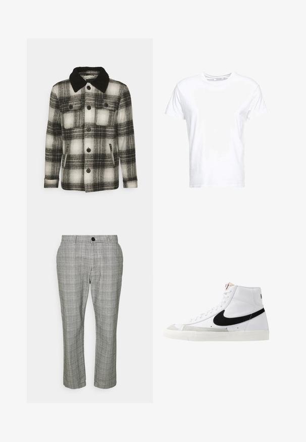 Brave Soul AUGUSTUS - Übergangsjacke - black/ white check; Weißes Baumwoll-T-Shirt mit rundem Ausschnitt und kurzen Ärmeln, im klassischen Schnitt und mit glatter Textur. Keine sichtbaren Muster oder Hardware.; Graue, karierte Hose mit taillierter Passform, ausgestattet mit einem Reißverschluss, Knopfverschluss und Seitentaschen. Der Stoff hat eine glatte Textur.; Weiße High-Top-Sneaker mit einem schwarzen Swoosh, strukturiertem grauen Zehenkappeneinsatz und flacher weißer Sohle. Verfügt über sechs Ösen und genähte Akzente.