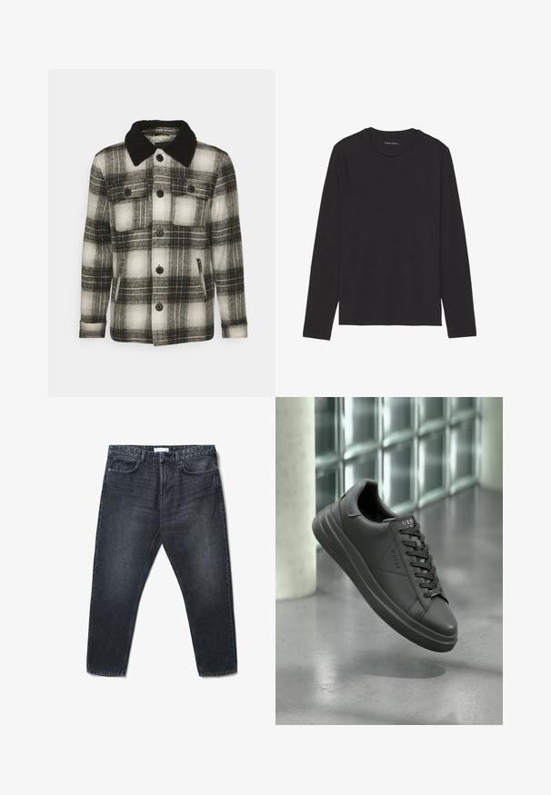Brave Soul AUGUSTUS - Übergangsjacke - black/ white check; Schwarzes Langarm-T-Shirt aus weichem, leichtem Stoff. Verfügt über einen runden Halsausschnitt und einen geraden Saum. Keine sichtbaren Muster oder Akzente.; Schwarze Jeans aus Denim mit geradem Schnitt, fünf Taschen und dezenter Verwaschung. Enthält einen Knopf- und Reißverschluss sowie Gürtelschlaufen.; Schwarze Leder-Sneaker mit glatter Oberfläche, runder Zehenform, strukturierten Akzenten und Schnürdesign. Logo auf der Zunge angebracht.