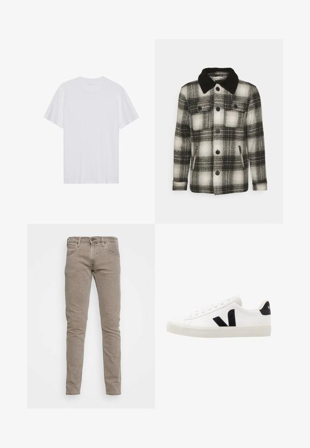 Brave Soul AUGUSTUS - Veste mi-saison - black/ white check; T-shirt en coton blanc à manches courtes, col rond et texture lisse. Présente un branding minimal au niveau du col.; Jeans en denim coton beige à coupe slim, dotés de cinq poches, d'une fermeture par bouton et zip, et de détails de couture subtils.; Sneaker blanche en cuir avec des accents en daim noir ; dispose d'une semelle en caoutchouc, d'un bout rond et d'un design classique à lacets. Logo latéral en noir.