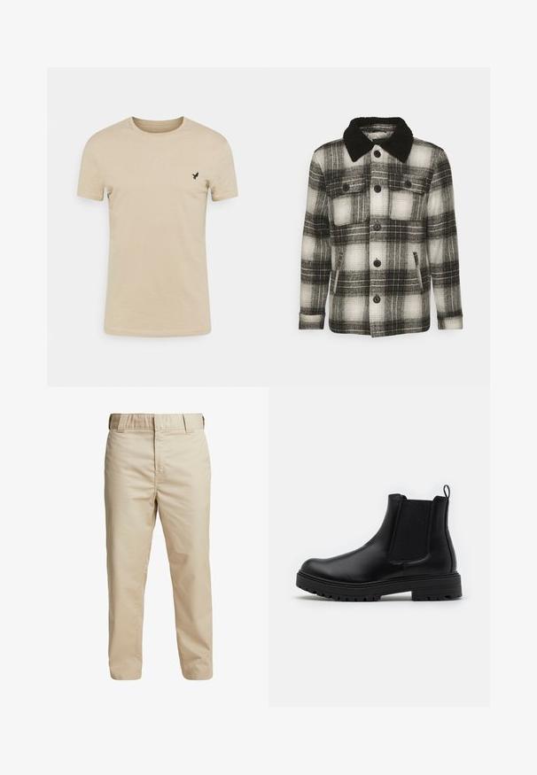 Brave Soul AUGUSTUS - Overgangsjakke - black/ white check; Beige kortærmet T-shirt lavet af blødt stof, med rund halsudskæring og et lille sort fugle-logo på venstre brystområde.; Beige bomuldsbukser med slim fit, lige ben og bæltesløjfer; glat tekstur og minimalistisk design uden synlige detaljer.; Zign by Zalando LEATHER - Støvletter - black