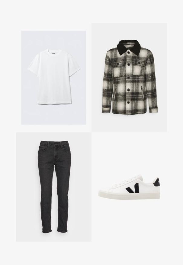 Brave Soul AUGUSTUS - Ελαφρύ μπουφάν - black/ white check; Λευκό κοντομάνικο μπλουζάκι από μαλακό βαμβάκι. Διαθέτει στρογγυλή λαιμόκοψη και άνετη εφαρμογή, με απαλή υφή και καθαρό, χωρίς στολίδια σχέδιο.; Μαύρα τζιν παντελόνια με εφαρμοστή γραμμή, διαθέτουν πέντε τσέπες, θηλιές για ζώνη και διακριτές ραφές. Η ύφανση έχει φθαρμένη υφή.; Λευκό δερμάτινο sneaker με μαύρες σουέτ λεπτομέρειες; διαθέτει καουτσούκ σόλο, στρογγυλή μύτη και κλασικό σχέδιο με κορδόνια. Λογότυπο στην πλευρά σε μαύρο χρώμα.