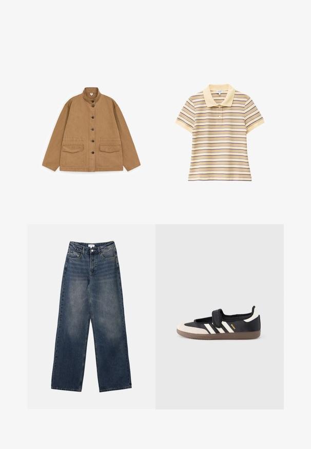 Brun knap-op jakke med ståkrave, lange ærmer, to forlommer med klap og afslappet pasform, vist på hvid baggrund.; Kortærmet polo med beige, gul og lilla vandrette striber og to knapper under kraven.; Mænds højtaljede blå denim jeans med brede ben, frontknap og lynlås samt for- og baglommer.; Sort og beige sko med velcrolukning, tre hvide striber på siden og en tekstureret brun gummisål. Mærkelogo er synligt.