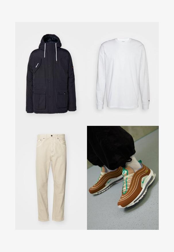 Schwarze Winterjacke mit Kapuze aus strukturiertem Stoff. Sie hat zwei Fronttaschen, eine Ärmeltasche und Zugbänder an der Kapuze.; Weißes Langarm-T-Shirt aus Baumwolle. Rundhals-Design mit gerippten Bündchen und kleinem Logo auf dem linken Ärmel. Glatte Textur.; Beige Baumwollhose mit geradem Bein, fünf Taschen und Metallakzenten. Glatte Textur mit minimalen Nähdetails.; Braune Nike Air Max 97 Sneakers mit geschichteter Gestaltung, türkisfarbenen Akzenten, weißen Schnürsenkeln und einer sichtbaren Luftkammer in der Sohle.