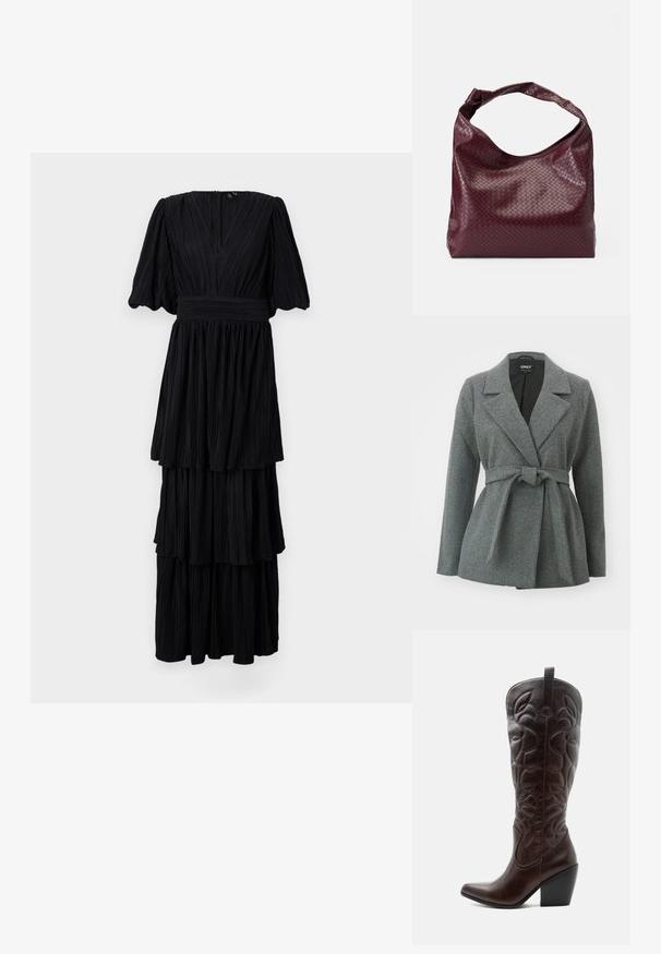 ONLY ONLALVILDA LIFE SHORT WRAP COAT - Kurzmantel - medium grey melange; Schwarzes, plissiertes Maxikleid mit V-Ausschnitt, kurzen Puffärmeln und gestuften Design. Glatte Textur mit dezenten vertikalen Streifen.; Hoher dunkelbrauner Leder-Cowboystiefel mit gestickten dekorativen Mustern, spitzer Spitze und gestapeltem Blockabsatz.; Bordeauxfarbene Tasche mit einer strukturierten, gewebten Musterung, weichem Leder und einem einzelnen, verknoteten Griff. Geräumiges Hobo-Design.