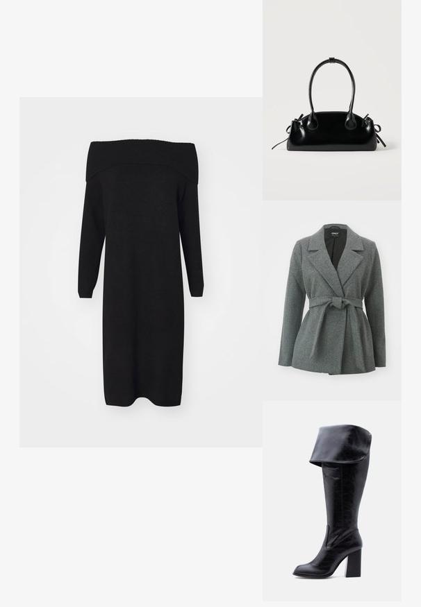 ONLY ONLALVILDA LIFE SHORT WRAP COAT - Krátky kabát - medium grey melange; Čierne pletené šaty bez ramienok s dlhými rukávmi a ribovaným výstrihom. Hladká textúra, strih po kolená, všestranné na rôzne príležitosti.; Vysoká čierna kožená čižma na podpätku s preloženým manžetom a zaoblenou špičkou, stojaca vzpriamene na bielom pozadí.; Malá čierna lesklá kabelka s dvoma dlhými rúčkami a bočnými šnúrkovými detailmi na jednoduchom svetlom pozadí.
