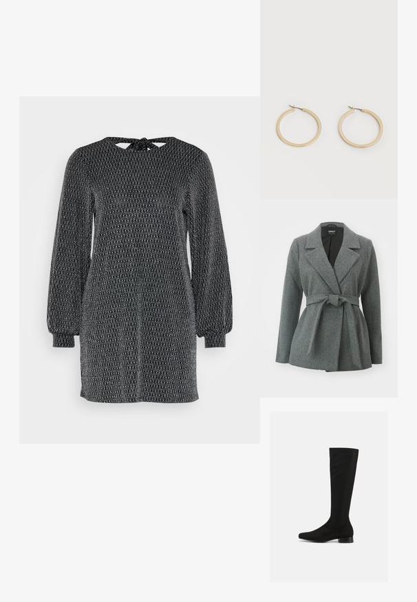 ONLY ONLALVILDA LIFE SHORT WRAP COAT - Κοντό παλτό - medium grey melange; Μαύρο φόρεμα με μακριά φουσκωτά μανίκια, που διαθέτει ένα υφασμάτινο γεωμετρικό σχέδιο και ανοιχτή πλάτη με λεπτομέρεια δέσιμου. Σχέδιο μέσου μήκους.; Μαύρες μπότες μέχρι το γόνατο από μαλακό ύφασμα με κομψό σχεδιασμό, μυτερή μύτη και χαμηλό τετράγωνο τακούνι. Χωρίς ορατά υλικά ή διακοσμητικά στοιχεία.; Ζευγάρι απαλά χρυσά μεσαίου μεγέθους κρίκοι σκουλαρίκια με μεντεσέδες σε απλό φωτεινό φόντο.