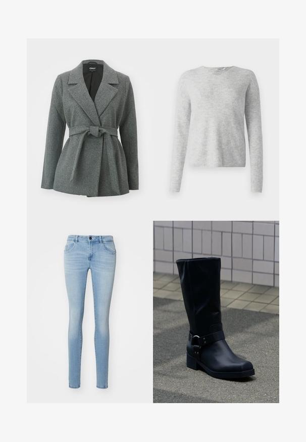 ONLY ONLALVILDA LIFE SHORT WRAP COAT - Krátky kabát - medium grey melange; Šedý pletený sveter s rebrovanou textúrou, dlhými rukávmi a výstrihom do V. Jednoduchý a minimalistický vzhľad.; Svetlomodré úzke džínsy vyrobené z denimu, s vysokým pásom, dizajnom s piatimi vreckami a miernym vyblednutím pre ležérny vzhľad.; Čierna kožená topánka po lýtko s nízkym blokovým podpätkom a dekoratívnym remienkom s kovovou prackou okolo členka, na dlaždenom chodníku.