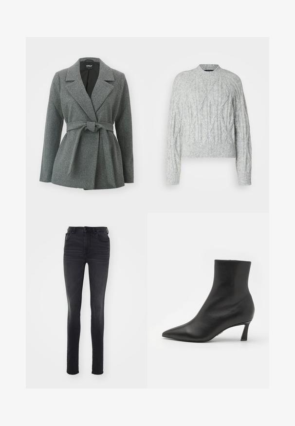 ONLY ONLALVILDA LIFE SHORT WRAP COAT - Korte frakker - medium grey melange; Vero Moda Tall VMBAILY HIGHNECK - Striktrøje - light grey melange; Slankt fit sorte jeans lavet af denim, med høj talje, fem-lomme design, subtil falmning og lige silhuet.; Steve Madden LULAH - Ankelstøvler - black