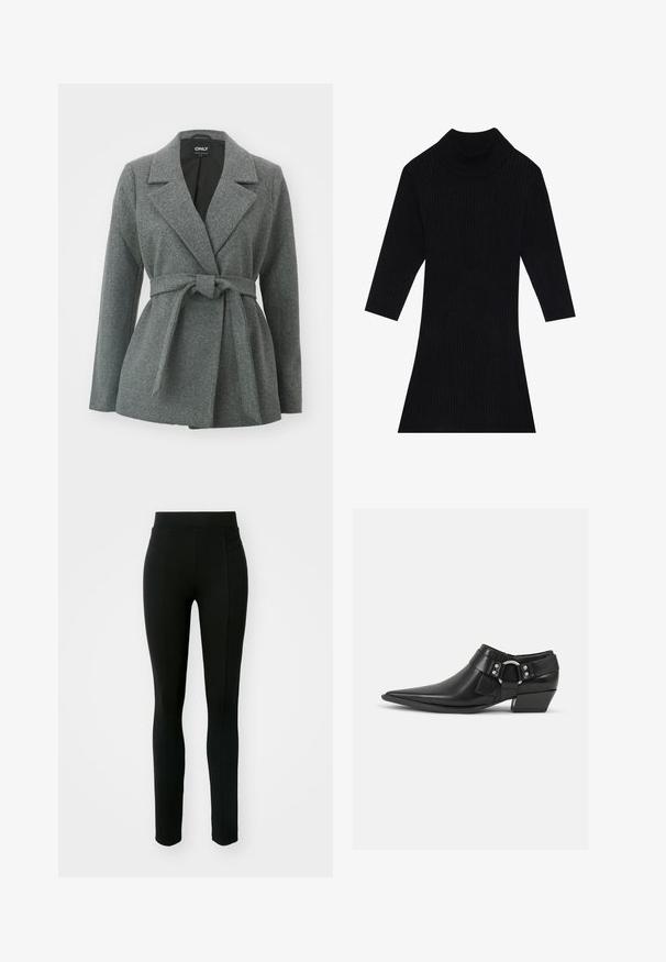 ONLY ONLALVILDA LIFE SHORT WRAP COAT - Krátky kabát - medium grey melange; Čierne pletené šaty s vysokým golierom a rukávmi po tri štvrtiny, s priliehavým strihom, ktorý sa na spodnej časti rozširuje.; Čierne legíny z elastického materiálu s vysokým pásom, úzkym strihom a dvoma prednými vreckami bez viditeľných švov.; Čierne kožené členkové topánky s špicatou špičkou, s predným koženým remienkom a detailom so striebornou sponou, a s nízkym, blokovým podpätkom.