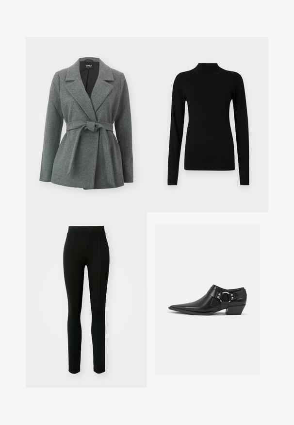 ONLY ONLALVILDA LIFE SHORT WRAP COAT - Krátky kabát - medium grey melange; Čierny priliehavý rolák s dlhými rukávmi so žíhanými rukávmi a lemom na svetlošedom pozadí.; Čierne legíny z elastického materiálu s vysokým pásom, úzkym strihom a dvoma prednými vreckami bez viditeľných švov.; Čierne kožené členkové topánky s špicatou špičkou, s predným koženým remienkom a detailom so striebornou sponou, a s nízkym, blokovým podpätkom.