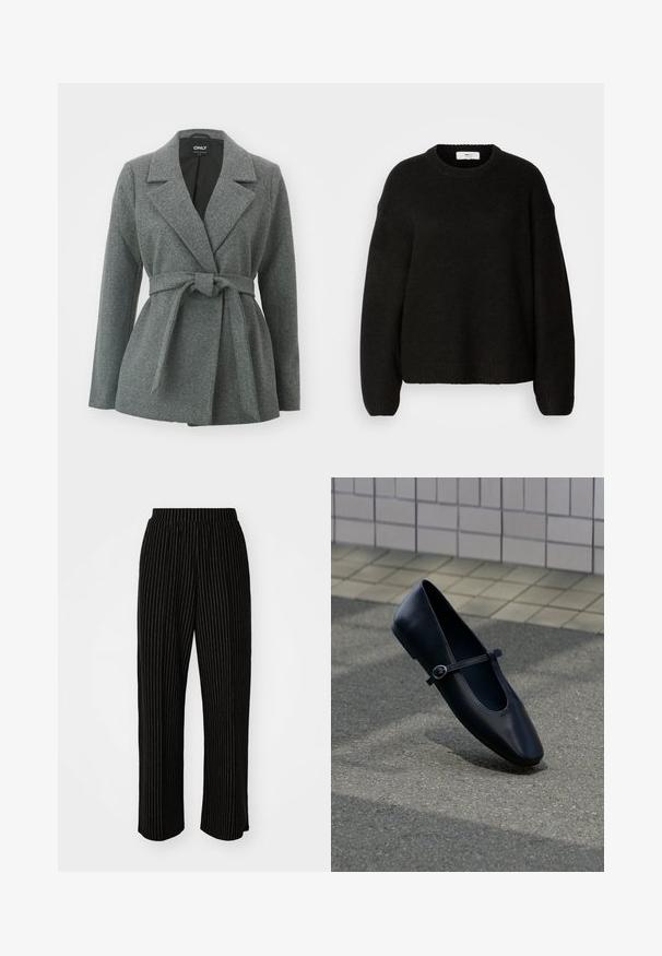 ONLY ONLALVILDA LIFE SHORT WRAP COAT - Manteau court - medium grey melange; Pull noir en maille avec un col rond, des épaules tombantes, et des poignets et un ourlet côtelés. Tissu doux et texturé avec une coupe ample.; Pantalons larges noirs avec des rayures verticales blanches, dotés d'une taille élastique pour le confort et d'une texture lisse et douce.; Chaussure plate Mary Jane en cuir noir avec une petite bride à boucle, posée sur une surface en asphalte gris près d'un mur carrelé.