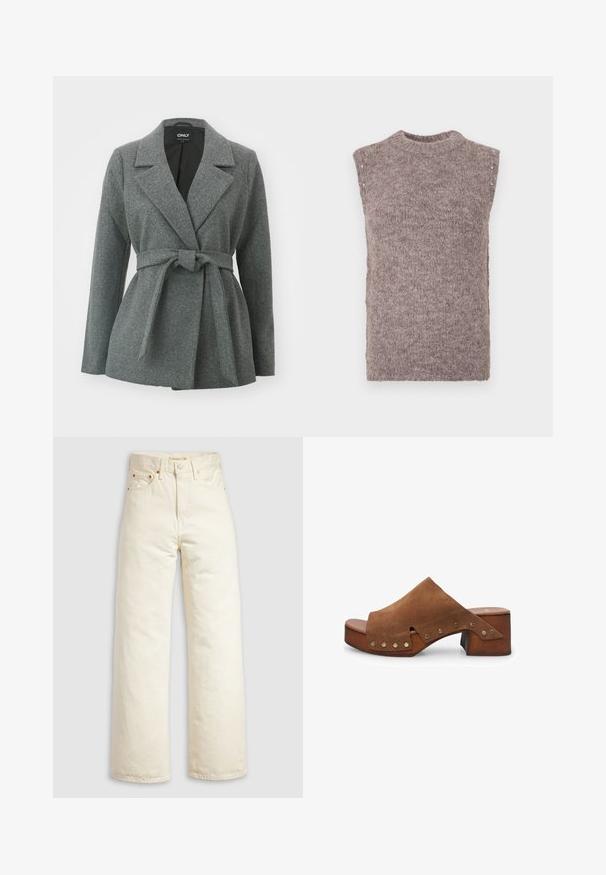 ONLY ONLALVILDA LIFE SHORT WRAP COAT - Korte frakker - medium grey melange; Brun ærmeløs sweater med en blød tekstur, høj krave og små dekorative knapper på skulderen. Enkel og tætsiddende design.; Vidbenede jeans i offwhite denim med høj talje, kobbernitter og klassisk design med fem lommer. Struktureret stof med rene kanter.; Brune ruskind hæl-sandal med en bred strop og udskæringsdetalje, prydet med messing-nagle accenter og en træblokhæl.