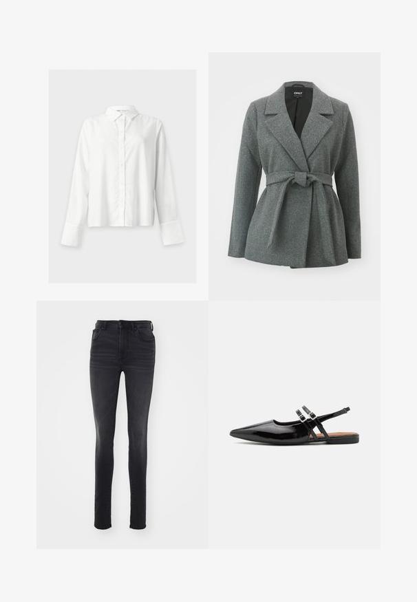 ONLY ONLALVILDA LIFE SHORT WRAP COAT - Manteau court - medium grey melange; Chemise blanche à manches longues, boutonnée, avec col et larges poignets, présentée sur un fond clair uni.; Jeans noirs slim-fit en denim, avec une taille haute, un design à cinq poches, un léger délavage et une silhouette droite.; Des chaussures slingbacks en cuir verni noir présentent un bout pointu, deux sangles avec des accents de boucle, et une semelle plate.