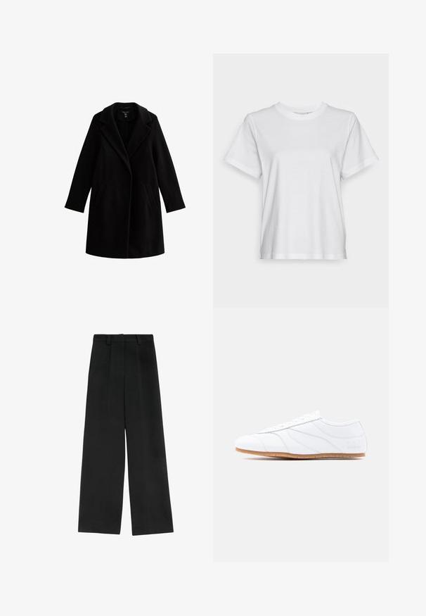 Sort uldfrakke med notches krave, lange ærmer og sidelommer. Glat tekstur, knælangt design, minimale accenter.; Hvid bomulds T-shirt med korte ærmer, rund hals og en afslappet pasform. Glat tekstur, uden mønstre eller grafik, enkel design.; Sorte brede bukser med høj talje, der har to frontfald, bæltestropper og en glat tekstur. Ingen lommer eller synligt metal.; Hvid lavtstående sneaker med snøresystem, glat læderoverdel, diskrete syninger og lysbrun gummisål.
