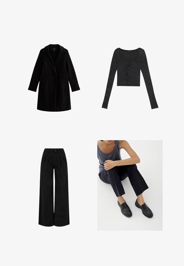 Sort uldfrakke med notches krave, lange ærmer og sidelommer. Glat tekstur, knælangt design, minimale accenter.; Sort ribbet langærmet cropped top med en scoop halsudskæring, knaplukning foran og tekstureret stof. Har subtile lodrette striber.; Sorte bukser med høj talje og vide ben med forreste plisseringer, knaplukning og bæltestropper, vist mod en hvid baggrund.; Sorte læderloafers med teksturerede detaljer, lav hæl, rund tå og synlige syninger. Modellen bærer mørke bukser og en grå top.