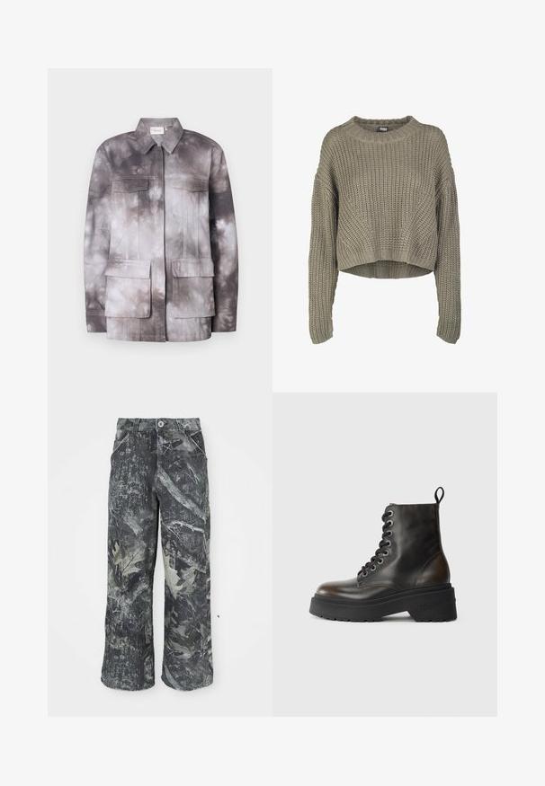 Letvægts tie-dye jakke i grå og creme nuancer. Har to brystlommer og en frontlynlås. Glat tekstur og struktureret design.; Olivengrøn, kort striktrøje med et tekstureret mønster, rund hals og lange ærmer. Tykt ribkant ved kanten og ærmerne.; Camo-mønstrede bukser med bredde ben i mørkegrå og grønne nuancer, med en knaplukning og sidelommer. Lavet af struktureret denimstof.; Sorte læder ankelstøvler med snørebånd, tyk sort sål og en løkke bagpå, prydet med præget mærkenavn på hælen.