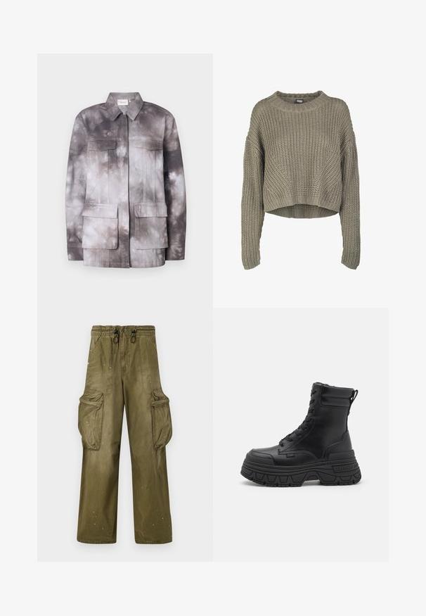 Letvægts tie-dye jakke i grå og creme nuancer. Har to brystlommer og en frontlynlås. Glat tekstur og struktureret design.; Olivengrøn, kort striktrøje med et tekstureret mønster, rund hals og lange ærmer. Tykt ribkant ved kanten og ærmerne.; Olivengrønne cargobukser med en afslappet pasform, elastisk talje, snøre, to sidelommer og to store cargolommer. Let slid.; Sorte snørebukser i ankellængde lavet af glat læder, med en kraftig platformsål, en forstærket hæl og en løkke til nem påtagning.