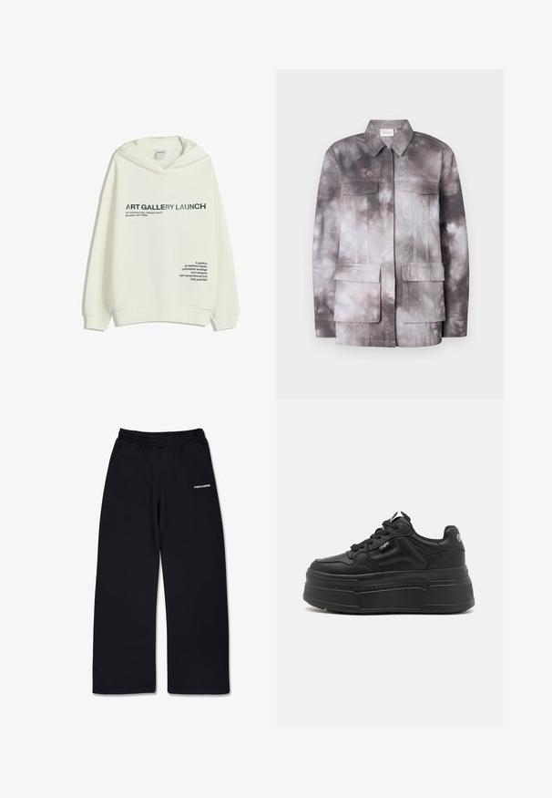 Ľahká bunda s motívom tzv. tie-dye v odtieňoch sivej a krémovej. Obsahuje dve náprsné vrecká a predný zips. Hladká textúra a štruktúrovaný dizajn.; Biely mikina s čiernym textom "ART GALLERY LAUNCH, 147 Johnson Ave, Warehouse 5, Brooklyn, NY 11206" a poetickou frázou na prednej strane.; Čierne tepláky s elastickým pásom, obsahujúce bočné vrecká a malé biele logo na ľavej strane. Mäkká látka, priamy strih nohavíc.; Čierne platformové tenisky s hladkým koženým vrchom, okrúhlou špičkou, viazaním na prednej strane a štruktúrovanou gumovou podrážkou s geometrickými akcentmi.