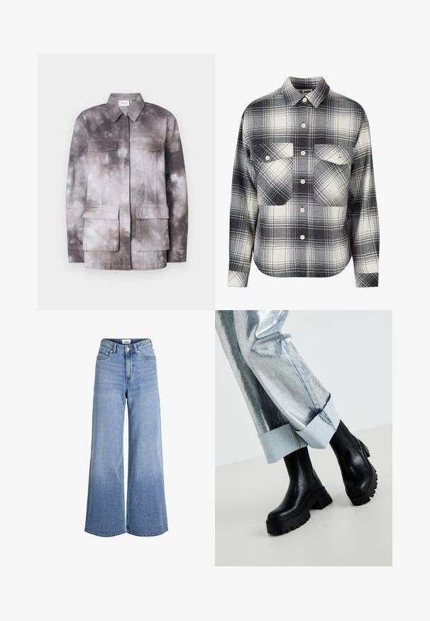 Veste légère tie-dye dans des teintes de gris et de crème. Présente deux poches poitrine et une fermeture éclair à l'avant. Texture douce et design structuré.; Chemise en flanelle à carreaux noire, blanche et grise. Présente un devant à boutons, deux poches poitrine et des manches longues avec des poignets boutonnés.; Jean en denim bleu clair, taille haute, jambes larges, avec bouton et fermeture éclair à l'avant, passants pour ceinture, et conception à cinq poches.; Bottines noires épaisses à la cheville avec des semelles texturées, portées avec un pantalon argent métallique doté d'un revers en denim clair. Design minimaliste, matériaux élégants.
