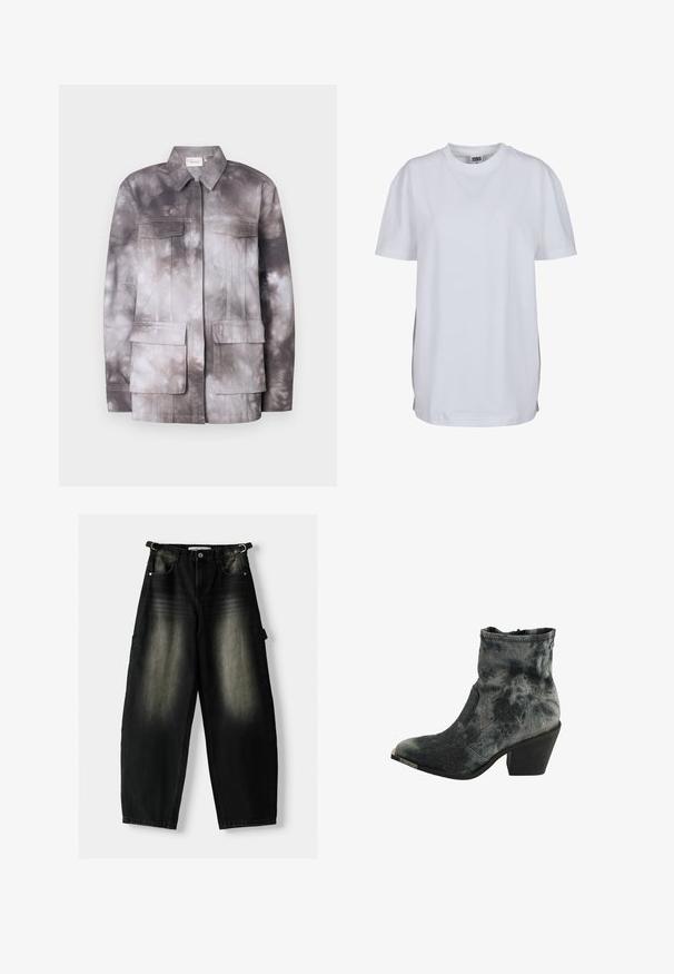 Leichte, Batik-Jacke in Grautönen und Creme. Mit zwei Brusttaschen und einem Reißverschluss vorne. Glatte Textur und strukturierte Gestaltung.; Schlichtes weißes T-Shirt mit kurzen Ärmeln und Rundhalsausschnitt, mit geradem Saum und kleinem sichtbaren Markenlabel innen am Kragen.; Baggy schwarze Denim-Hose mit einem verwaschenen Textur, fünf Taschen und einer Schlaufe am Taillenbund. Das Design zeichnet sich durch eine lockere Passform und gerade Beine aus.; Schwarzer und grauer strukturierter Knöchelstiefel mit spitzem Schuhblatt, einem niedrigen Blockabsatz und einem Reißverschluss auf der Rückseite.